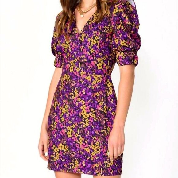 Adelyn Rae Dresses & Skirts - New ADELYN RAE Silky Purple Gold Floral Puff Sleeve V neck Mini Cocktail Dress L